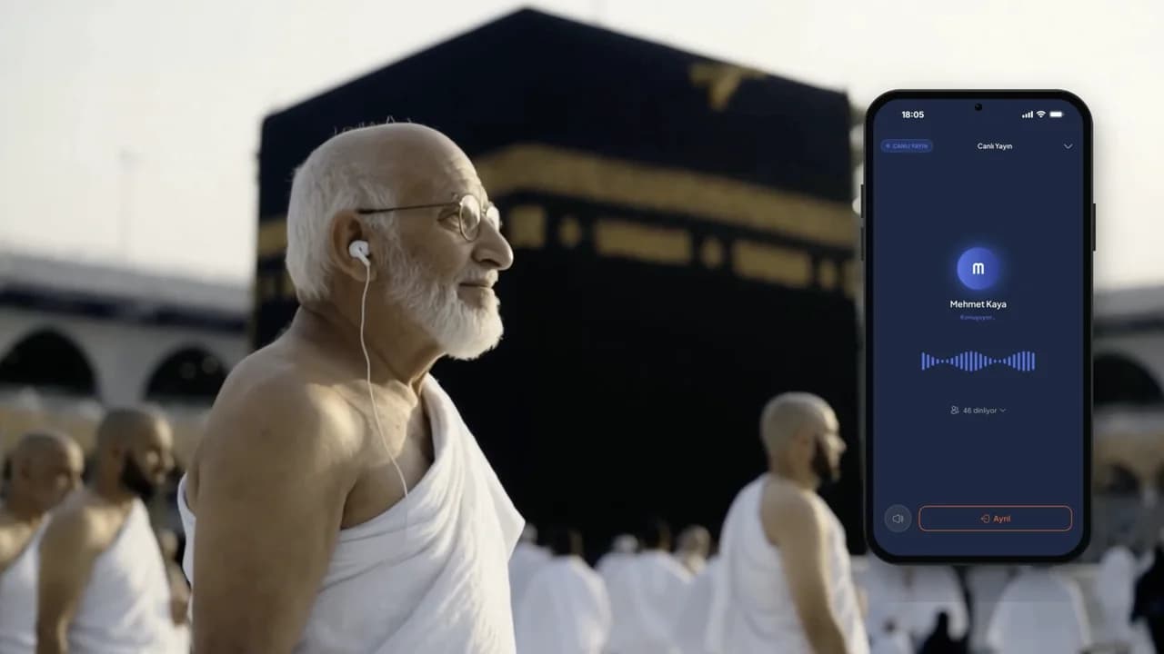 A frame from the film: a guest in front of the Kaaba listening to a live broadcast through earphones, with the app's live broadcast screen