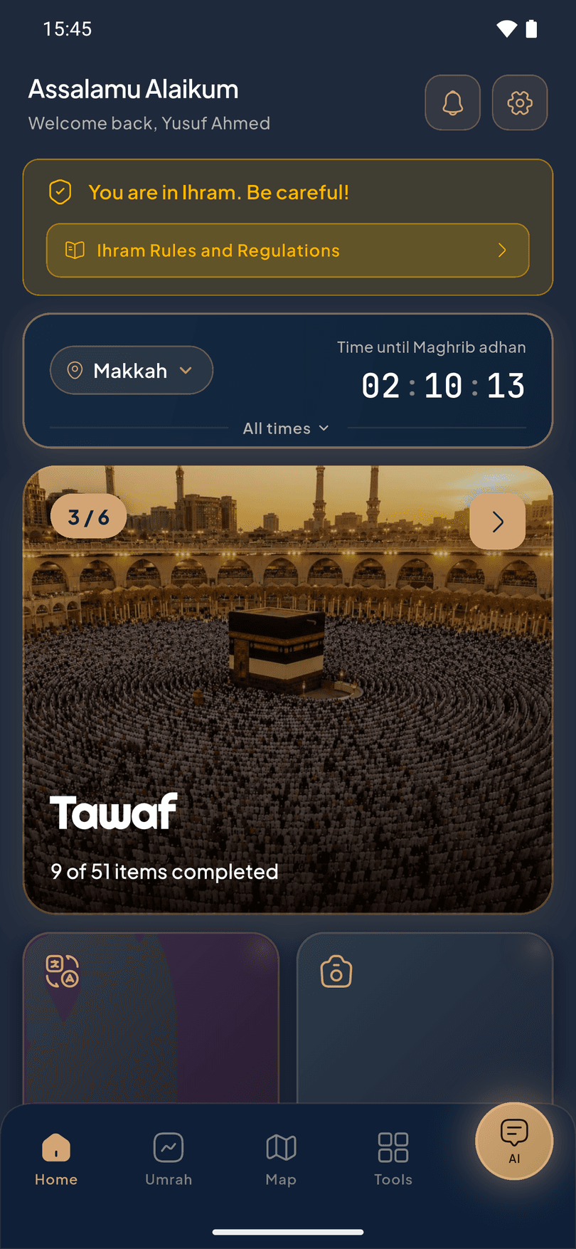 UmrahAi home screen: prayer-time countdown, the Umre'yi Başlat (Start Umrah) card, and shortcuts to Live Translation and AR Ziyaretler (AR Visits)