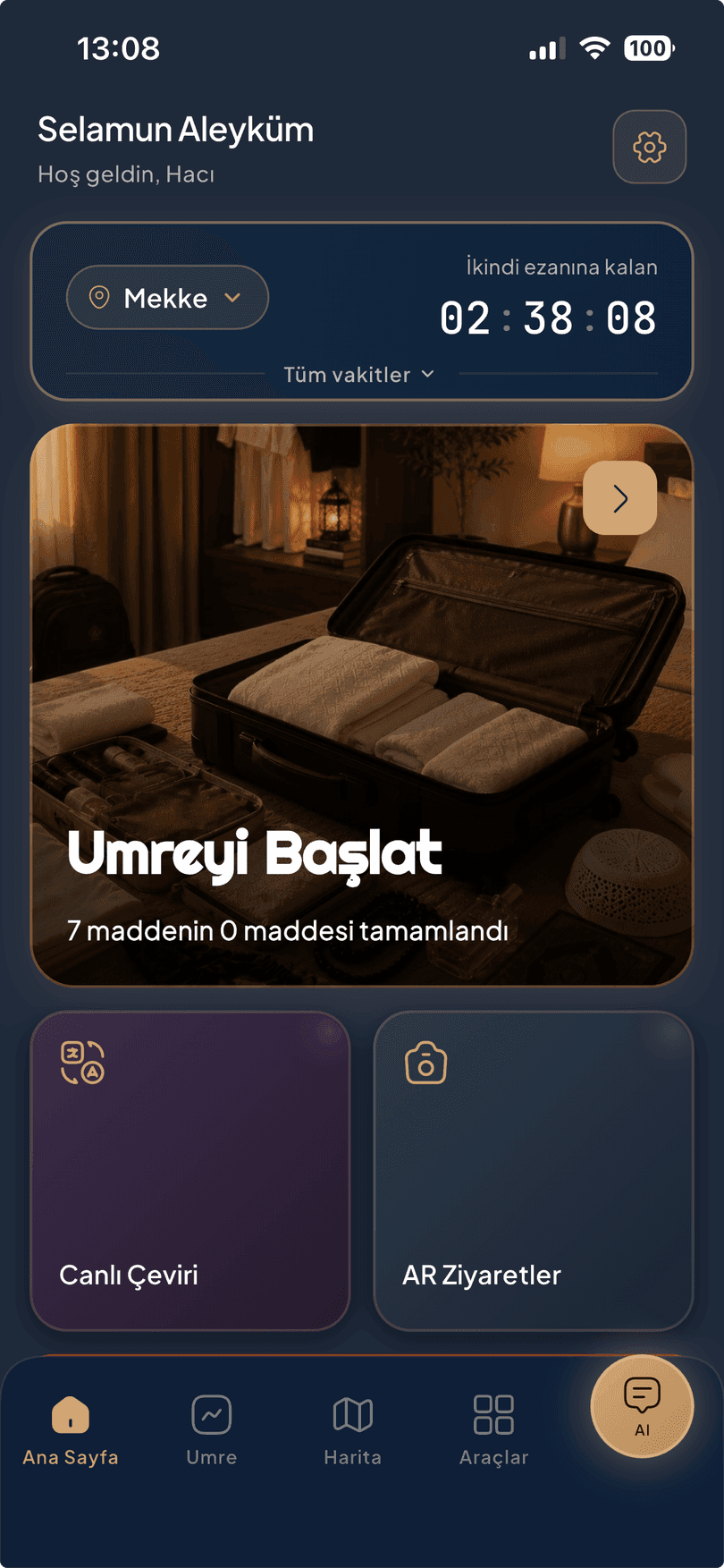 UmrahAi home screen: prayer-time countdown, the Umre'yi Başlat (Start Umrah) card, and shortcuts to Live Translation and AR Ziyaretler (AR Visits)